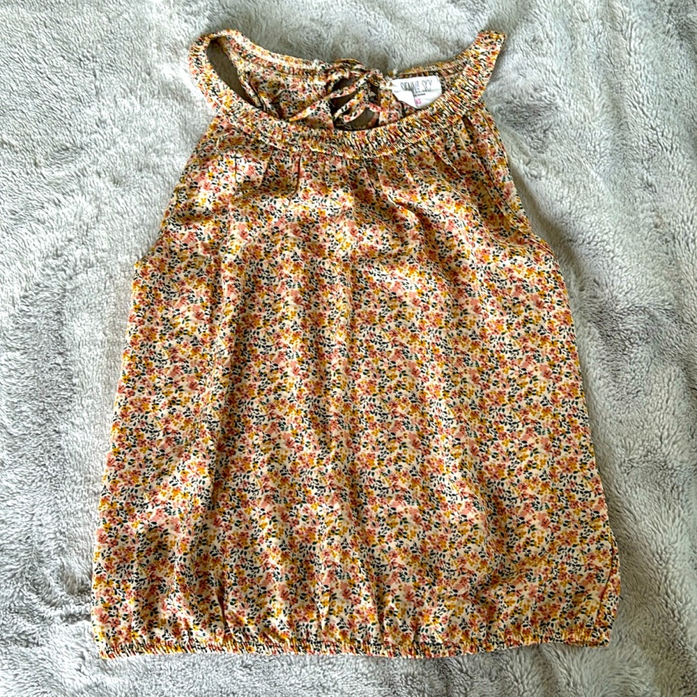 Floral Sienna sky tank top blouse with elastic cinched waist and tie back neck